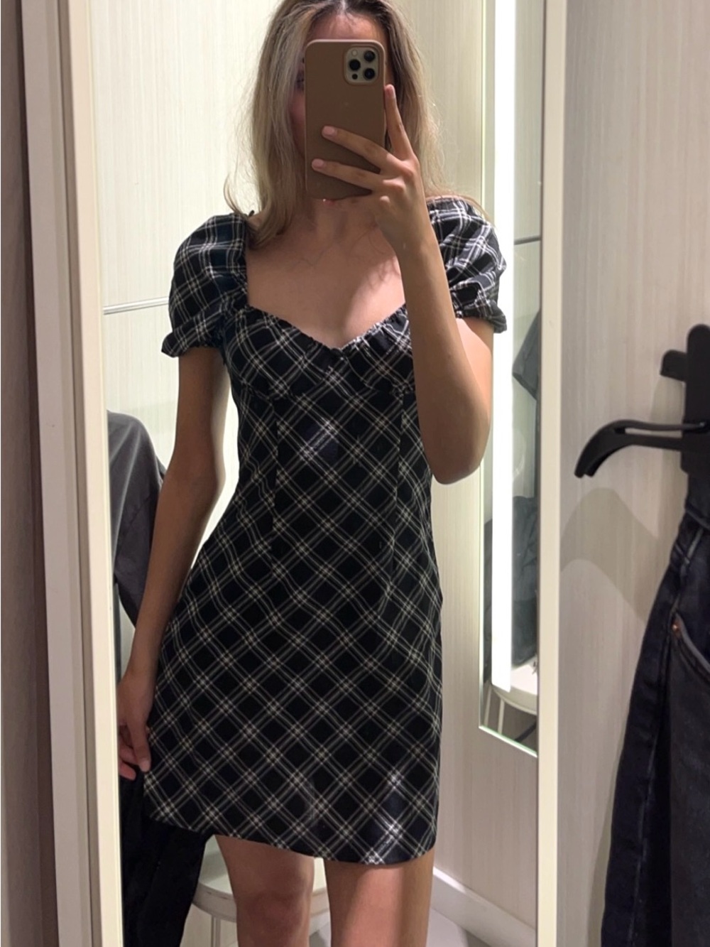 H&M Black & White Plaid Puff-Sleeve Mini Dress
